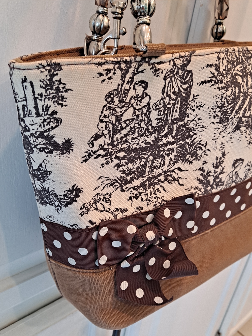 Vivary Vintage Cream Brown Toile De Jouy Tote Satchel Polka-Dot Bow Canvas Bag - Picture 6 of 14